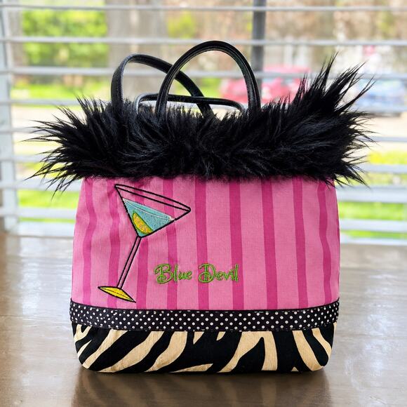 Unbranded Handbags - Vintage Blue Devil Pink Striped Martini Zebra Trim Faux Fur Tote Purse
